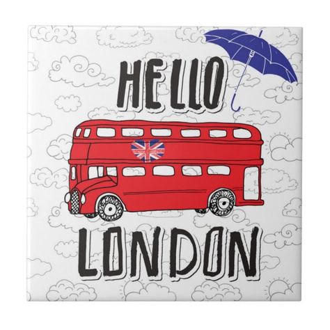 Hello London | Hand Lettered Sign With Umbrella Tile Hello London, United Kingdom Flag, Red Bus, Custom Tiles, Letter Sign, Ring Binder, Mothers Day Cards, Hand Lettered, Office Gifts