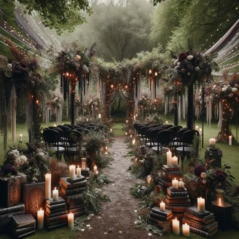 Moody Fairy Wedding, Dark Romantic Outdoor Wedding, Dark Romantic Wedding Reception, Enchanted Forest Wedding Aisle, Whimsical Ceremony, Dark Acadamia Weddings, Moody Ethereal Wedding, Gothic Theme Wedding, Dark Ethereal Wedding