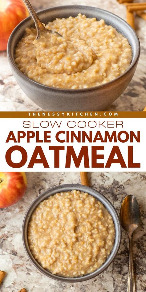 Wake up to this Slow Cooker Apple Cinnamon Oatmeal! Not only is this crockpot oatmeal an easy breakfast food, but it is also delicious. Save this simple fall recipe and enjoy some overnight oats! Variations on this apple food idea included! Apple Crockpot Recipes, Easy Breakfast Food, Crockpot Oatmeal Overnight, Overnight Crockpot Breakfast, Slow Cooker Oats, Oatmeal Recipes Crockpot, Apple Food, Crockpot Oatmeal, Slow Cooker Oatmeal