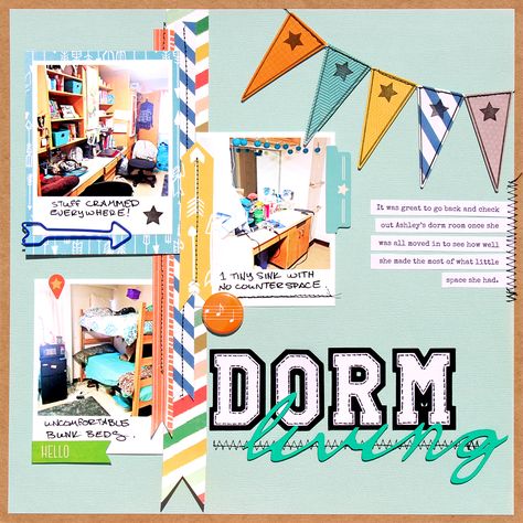 College Scrapbook Ideas Layout, College Scrapbook, School Memories Scrapbook, School Layouts, Dorm Shopping, Memories Scrapbook, Graduation Scrapbook, Scrapbook Embellishments Diy, Beautiful Scrapbook Layouts