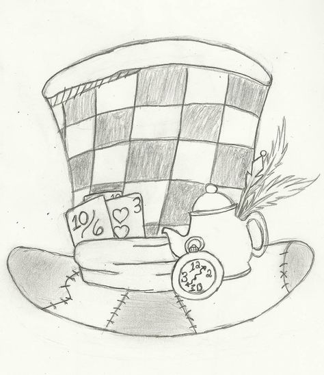 Mad Hatter's Hat by Midnighthour66 on DeviantArt Mad Hatter Hat Drawing, Mad Hatter Drawing, Top Hat Drawing, Alice In Wonderland Hat, Easy Dragon Drawings, Hat Drawing, Alice In Wonderland Drawings, Mad Hatter Hat, Disney Art Drawings