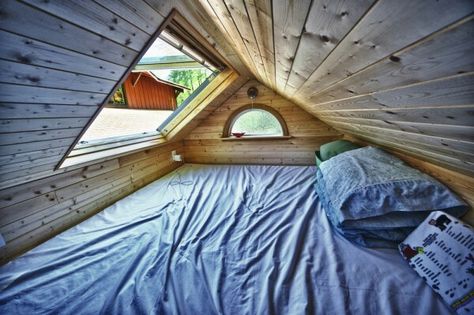 Loft with Light Tiny House Swoon, Tiny House Loft, Trailer Home, Sleeping Loft, Roof Window, Attic Bedroom, Attic Rooms, Tiny Spaces, Tiny House Design