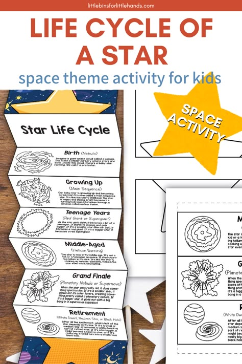 This space themed learning activity is perfect for the star and space obsessed kids! Learn about the stages of a star and how it forms, grows, and dies with this fun printable star life cycle project. Perfect for a space theme unit, whether at home or in the classroom. This printable space activity makes learning easy! Space Activities For Second Grade, Outer Space Activities Middle School, Space Elementary Activities, Space Themed Stem Activities, Space Activities For Elementary Students, Space Unit Kindergarten, Star Activities For Kids, Stars Activities For Kids, Space Experiments For Kids