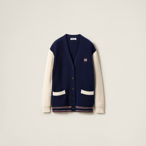 Navy Blue/natural Wool And Cashmere Cardigan | Miu Miu Miu Miu Cardigan, Prada 2005, Knit Logo, Womens Cashmere, Mohair Sweater, Airport Fashion, Cashmere Cardigan, Cashmere Wool, Wool Cardigan