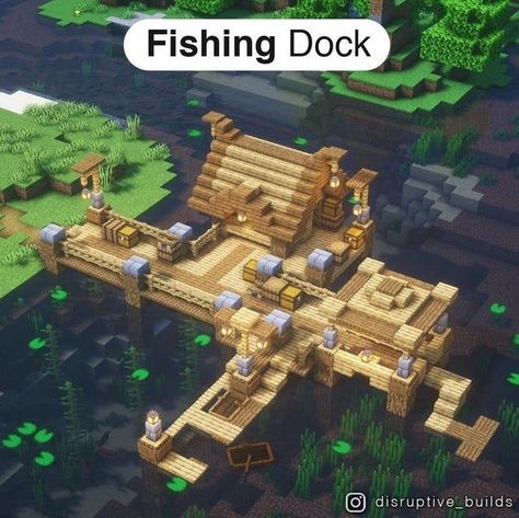 Minecraft Dock Ideas Cute, Mc Dock Ideas, Mincraft Idea Dock, Minecraft Marina Ideas, Minecraft Building Ideas Dock, Fisherman House Minecraft Ideas, Minecraft Fishing Deck Ideas, Minecraft Dock Design Cottagecore, Fishing Docks Minecraft