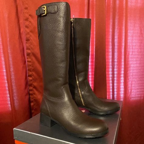 Prada Vitello Daino Moro Brown Leather Riding Boots size 41 9.5 NWT Prada Flip Flops, Green Leather Sandals, Brown Leather Riding Boots, Prada Sneakers, Vintage Pumps, Brown Leather Flats, Patent Leather Ballet Flats, Patent Boots, Luxury Purses