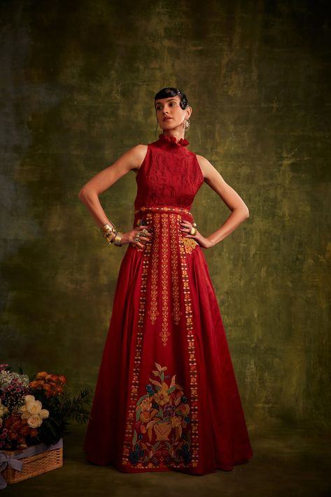 RED BEADWORK PANELLED LEHENGA | C H A N D R I M A Panelled Lehenga, Red Panels, Cotton Jacket, Modern Elegance, Lining Fabric, Body Measurements, Lehenga, Bead Work, Ready To Wear