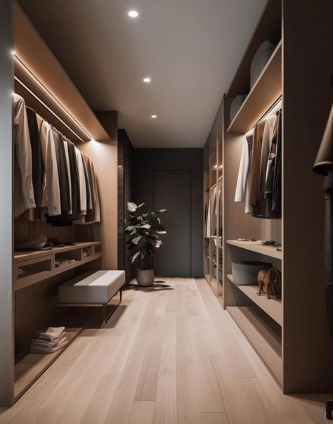 Walk Through Dressing Room, Walk In Wardrobe Minimalist, Lux Walk In Closet, Closet Luxury Modern, Dressing Room Minimalist, Masculine Closet, Modern Closet Designs, Master Wardrobe, Penthouse Ideas