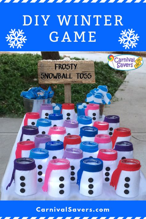 DIY winter games uses felt, buttons, mason jars, lights and ping pong balls! Great fun for all ages! Snowball Throw Game, Christmas Fayre Ideas, Snowball Toss, Winter Party Games, Carnival Activities, Carnival Games For Kids, Christmas Fair Ideas, Theme Carnaval, School Christmas Party