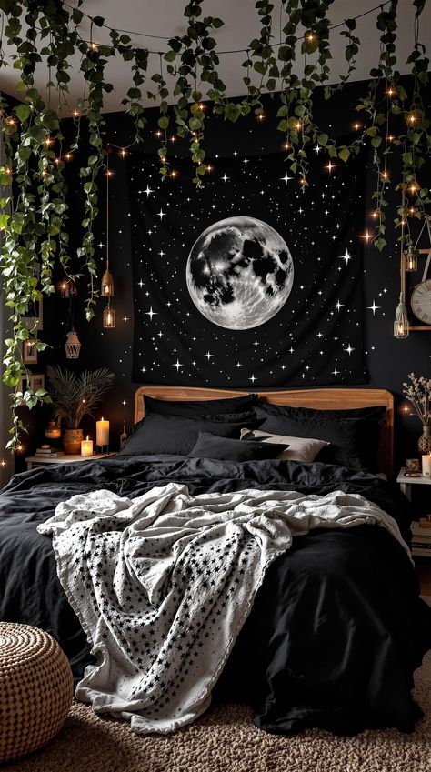 Black Boho Bedroom Ideas Diy Black Bedroom Decor, Elegant Bohemian Bedroom, Gothic Witch Bedroom, Black Room Ideas For Girls Bedrooms, Moody Dark Bedroom Ideas, Boho Witchy Bedroom Ideas, Acotar Bedroom Aesthetic, Dark Celestial Aesthetic Bedroom, Velaris Themed Bedroom