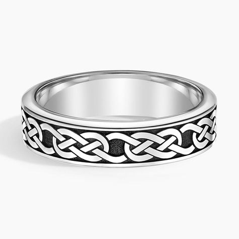 Men's Platinum Black Rhodium Celtic Eternity Knot 6mm Wedding Ring. This handsome ring features two light-catching beveled edges with black rhodium plating that showcases an endless Celtic knot, symbolizing two souls bound by everlasting love. Celtic Eternity Knot, Eternity Knot, Ring Style Guide, Mens Wedding Bands Unique, Tacori Engagement Rings, Celtic Wedding Rings, Two Souls, Trending Engagement Rings, Diamond Rings Design