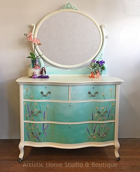 Beach Flowers Inspired Dresser Teen Dresser, Dresser Inspiration, Flowers Bedroom, Mahogany Dresser, Upcycle Dresser, Dresser Painted, White Wash Brick, Flower Bedroom, Beach Flowers