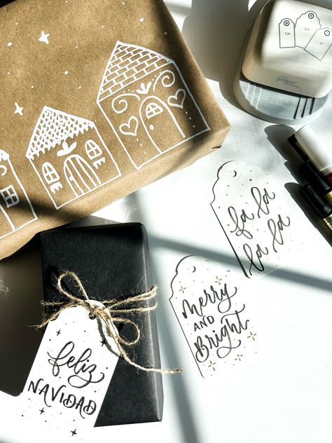 Three simple hand drawn and hand lettered gift wrapping designs you can make at home Hand Lettered Gifts, Hand Drawn Wrapping Paper, Drawn Wrapping Paper, Simple Gift Wrapping Ideas, Chalk Marker, Blank Tags, Simple Gift Wrapping, Paper Works, Simple Gift