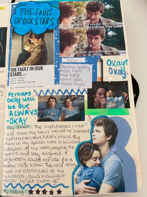 Page in my film journal!! Please don’t repost or edit :) Film Journal Cover, Film Journal Aesthetic, Film Journal Ideas, Film Scrapbook, Novel Journal, Movie Diary, The Fault In Our Stars Quotes, Book Review Journal, Movie Journal