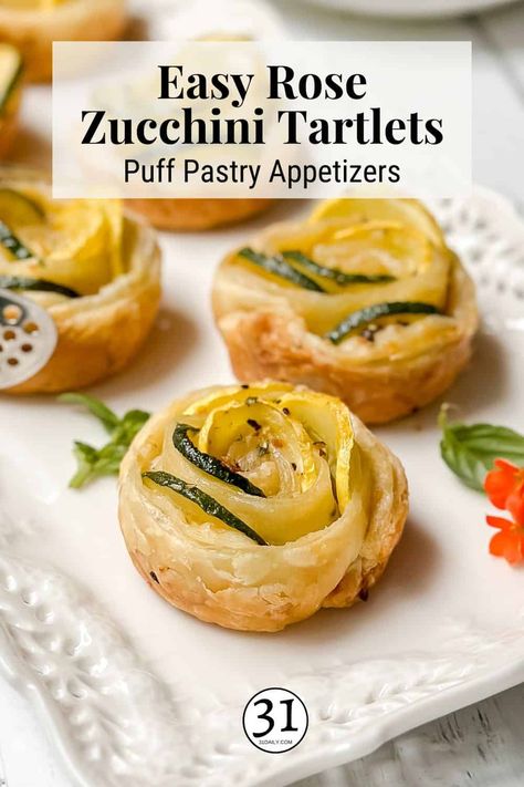 Zucchini Roses Puff Pastry, Tea Savory Bites, Tea Party Savory Bites, Tea Party Pastries, Savory Tea Party Food, Elegant Finger Foods, Summer Appetizers Easy, Puff Pastry Appetizers, Pastry Appetizer