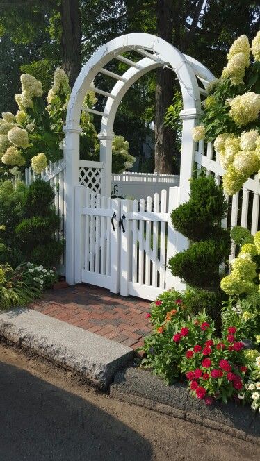 Fun Garden Projects, Garden Archway, Planting Peonies, Yard Fence, Flower Garden Design, White Picket Fence, The Small Things, Front Yard Garden, Garden Gate