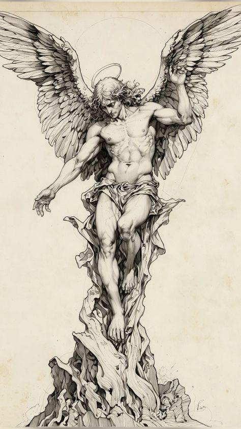 Angel Flying Up, Male Figure Tattoo, Angel Tattoo Ideas Men, Tattoo Design Drawings Forearm, Flowing Tattoos Men, Neotraditional Angel Tattoo, Drawing Of Sculpture, Angel Reaching Down, Bible Angel Drawing