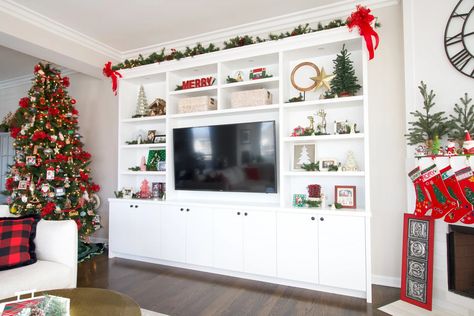 Tips For Decorating Christmas Shelves For The Holidays Shelf Decor Christmas Living Room, Decorating Built In Shelves Living Room For Christmas, Christmas Decorations On Shelves, Christmas Bookshelves Decor, Bookcase Christmas Decor Bookshelves, Christmas Decor On Bookshelves, Christmas Decor On Shelf, How To Decorate Bookshelves For Christmas, Styling Bookshelves For Christmas