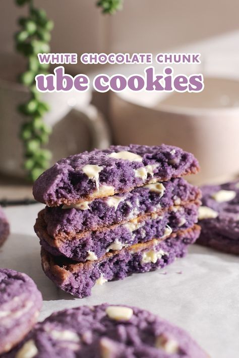 These soft ube cookies are made with ube halaya and ube extract for delicious purple yam flavour. They're then studded with white chocolate chunks for sweetness! #ube #ubecookies #ubehalaya #cookies | teakandthyme.com Ube Desserts Recipes Easy, Ube Cookies Recipes, Ube White Chocolate Chip Cookie, Ube Shortbread, Ube Cookies, Ube Dessert Recipe, Ube Extract, Ube Halaya, Pinoy Dessert