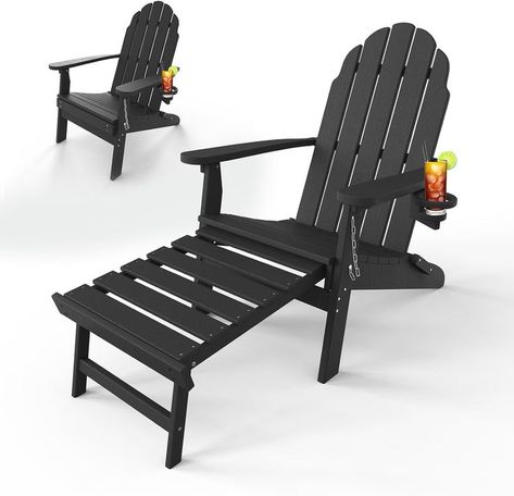 Adirondack Chair with Ottoman, Folding Adirondack Chair with Cup Holder, Weather Resistant, HDPE Pre-Assembled Outdoor Chairs for Porch, Pool, Deck, Backyard, Garden, Black Folding Adirondack Chair, Fire Pit Chairs, Deck Backyard, Folding Adirondack Chairs, Chair With Ottoman, Outdoor Patio Chairs, Adirondack Chairs, Patio Seating, Pool Deck