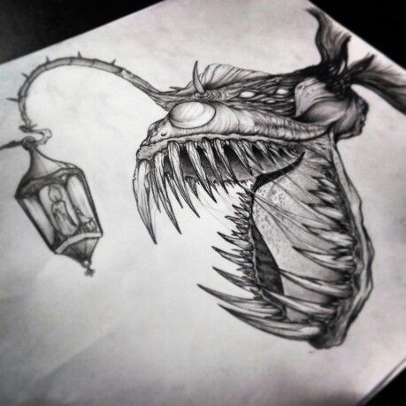 #Anglerfish draw by #alfredonajar #inksanity Angler Fish Tattoo, Biomech Tattoo, Creature Fantasy, Arte Doodle, Kunst Tattoos, Flash Sheet, Angler Fish, Fish Drawings, Desenho Tattoo