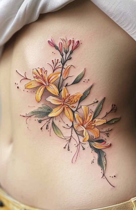 Honeysuckle And Sunflower Tattoo, Watercolor Honeysuckle Tattoo, Flower Tattoos Waist, Honey Suckle Tattoo Flower, Honey Suckle Flowers Tattoo, Yellow Flower Tattoo, Yellow Tattoos, Yellow Flower Tattoos, Honeysuckle Tattoo