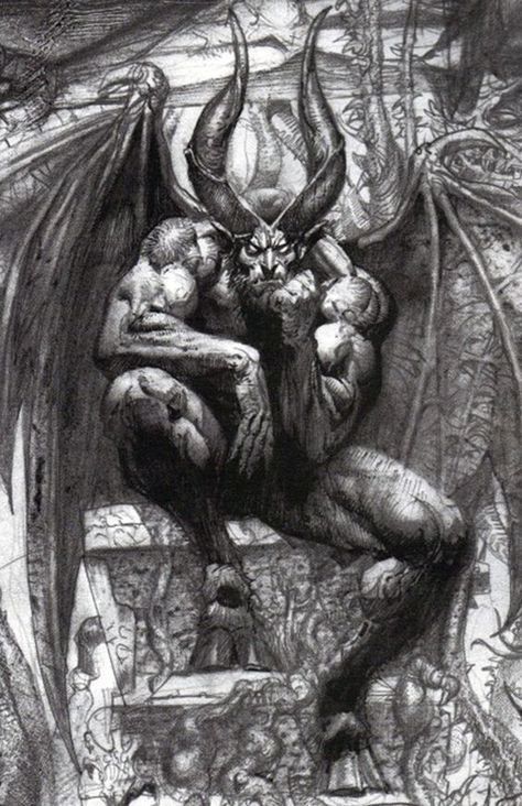 I picture this as Seir's final form, but I don't see him as the devil, just something else, but you need to read the books to find out. Interestingly, what you see here is more a modern interpretation of Lucifer after Christianity became the dominant religion and paganism became outlawed or deeply frowned on: "Lucifer on the throne in Paradise Lost" by Simon Bisley 천사와 악마, Simon Bisley, Devil Tattoo, Demon Tattoo, Paradise Lost, Creation Art, 다크 판타지, Demon Art, Art Disney