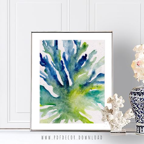 Watercolor Seaweed, Sealife Watercolor, Sea Life Wall Art, Art Plage, Coral Beach, Coral Watercolor, Art Noir, Blue Shell, Beach Home Decor