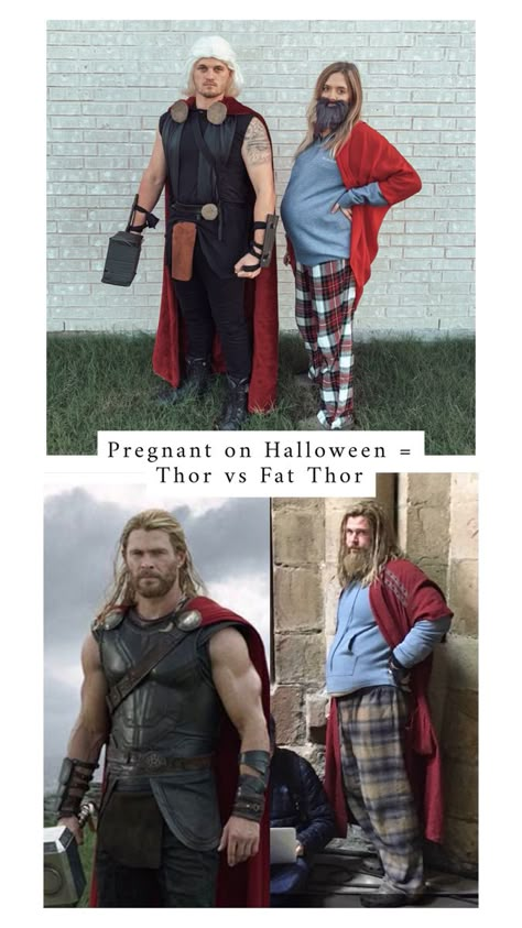 Pregnant Characters Halloween Costumes, Family Of 3 And Pregnant Halloween, Couple Costume Pregnant, Pregnant Thor Costume, Pregnant Superhero Costume, Halloween Costume Pregnant Couples, Funny Couple Halloween Costumes Diy, Pregnant Couple Costumes Halloween, Thor Couple Costume