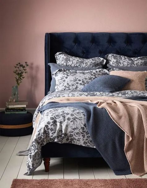 Mauve Bedroom, Navy Bed, Blue And Pink Bedroom, Blush Bedroom, Navy Bedrooms, Blue Headboard, Navy Bedding, Bed Linen Design, Pink Bedrooms