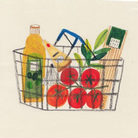 Spaghetti pomodoro Tesco groceries time 🍝🍅🧀 #spaghetti #groceries #illustration | Instagram Assiette Design, Crayon Drawings, Summer Illustration, Instagram Prints, Arte Inspo, Arte Sketchbook, Follow On Instagram, Print Magazine, Shopping Basket