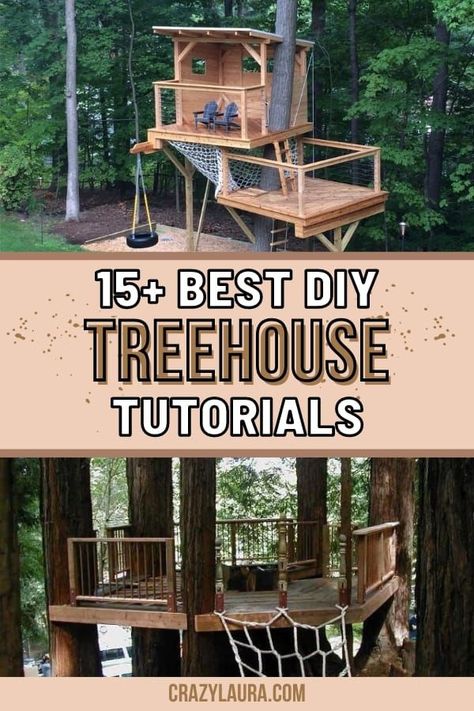 Treehouse Zipline Tree Forts, Free Tree House Plans, Treehouse Diy Plans Simple, Pallet Treehouse Diy, Kids Play Fort Outdoor, Fort Building Ideas Outdoor, Treehouse Platform Ideas, One Tree Treehouse, Diy Playground In The Woods