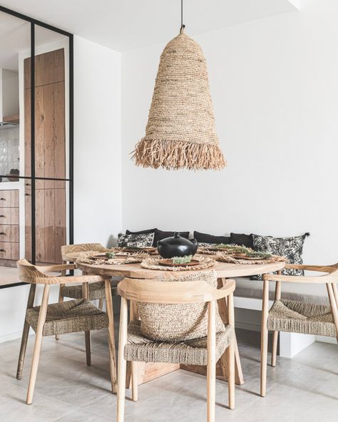 Shop quality dining room furniture for both indoor and outdoor spaces ☀️ Explore our collections of dining tables, dining chairs and tableware accessories to create a space worthy of perfect family gatherings 💗 Get the home of your dreams at📲 zocohome.com #zocohome #interiordecor #interiordesign #diningroom #diningtable #diningchair #homeinspo Boho Lampshade, Raffia Lampshade, Boho Dining Chairs, Pendant Light Cord, Wooden Dining Set, Furniture Design Wooden, Boho Interior, A Living Room, Dining Set