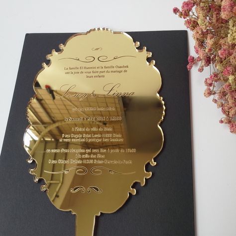 Wedding Card Invitation, Mirror Wedding, Acrylic Wedding Invitation, Golden Mirror, Acrylic Wedding Invitations, Handheld Mirror, Mirror Shapes, Mirror Acrylic, Acrylic Wedding