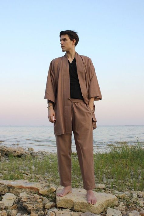 This is beautiful! I love the design. I had to get it. Modern Kimono Men Fashion, Men Fashion Japanese, Man Kimono Fashion, Men Kimono Outfit, Male Kimono Fashion, Kimono Suit Men, Modern Kimono Men, Kimono Fashion Men, Kimono Men Fashion