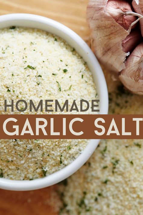 How To Make Garlic Salt At Home, Garlic Garlic Seasoning, Flavoured Salts Diy, Homemade Salt Mixes, Homemade Salt Recipes, Homemade Salts Recipe, Homemade Finishing Salt, How To Make Garlic Salt, Diy Herb Salt