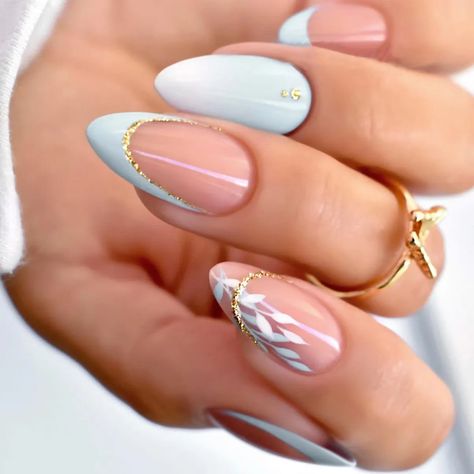 Lianfudai 24Pcs Almond French Fake Nails Leaves Pattern Simple Artific Nails Leaves, Preppy Nails, Full Cover Nail Tips, Tropical Nails, Nail Time, Lovely Nails, Glamour Nails, Almond Shape Nails, Almond Nails Designs