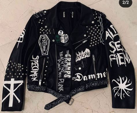 Diy Leather Jacket, Diy Goth Clothes, Deathrock Fashion, Punk Leather Jacket, Goth Jacket, Goth Outfit Inspo, Punk Subculture, Gothic Jackets, Band Jacket