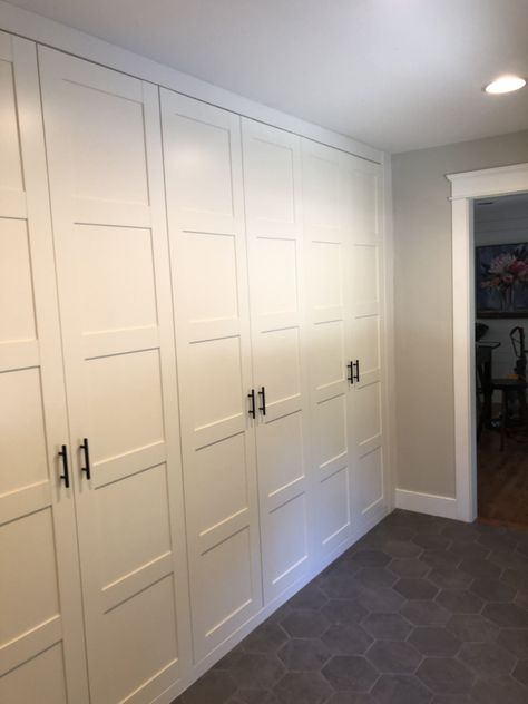 Hallway Of Closets, Built In Cabinets For Storage, Coat Wardrobe Storage, Diy Wardrobe Wall, Mudroom Closet With Doors, Shoe Storage In Mudroom, Ikea Mudroom Cabinets, Wall To Wall Storage, Hall Cabinets