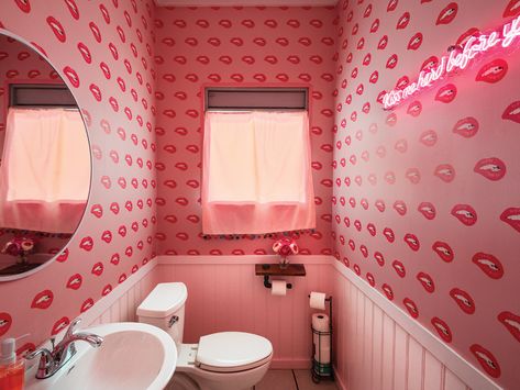 Bathroom Stalls, Photography Studio Decor, Whimsical Bathroom, Pink Toilet, Pink Cafe, Selfie Wall, Texas Living, Salon Suites Decor, Interactive Walls