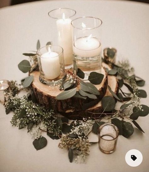 Boho Tablescape Wedding Table Decor, Wood Candle Centerpiece Wedding, Simple Wood Centerpieces, Log Rounds Centerpieces, Green And Brown Centerpieces, Rustic And Pearls Wedding, Earth Tone Centerpiece Wedding, Boho Flower Centerpieces Wedding, Nature Themed Table Decor