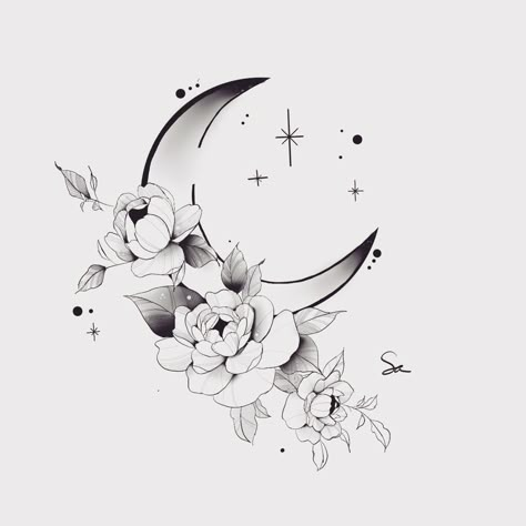 Moon And Floral Tattoo, Nanas Tattoo, Moon With Flowers Tattoo, Moon And Flower Tattoo, Moon Flower Tattoo, Crescent Moon With Flowers, Cross Heart Tattoos, Jake Tattoo, Moon With Flowers