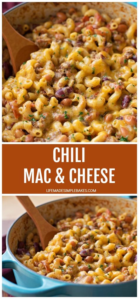 Hearty, cheesy, and oh so delicious! This chili mac and cheese is packed full of flavor and ready to go in just 30 minutes. It's two of my favorite comfort foods made into one seriously yummy dish! #chilimacandcheese #macandcheese #chilimac #macandcheeserecipe Max And Cheese Chili, Chilli Mac, Mac Recipes, Life Made Simple, Chili Mac And Cheese, Beef Meals, Chili Mac, Mac N Cheese Recipe, Favorite Comfort Food