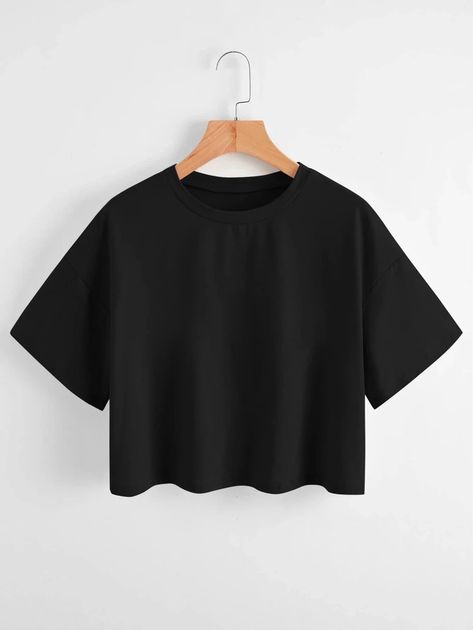 Plus Solid Drop Shoulder Tee | SHEIN USA Fitness Wear Outfits, Drop Shoulder Tee, Summer Plus Size, Cute Crop Tops, Shein Style, Cute Tshirts, Crop Tshirt, Plus Size T Shirts, Black Casual