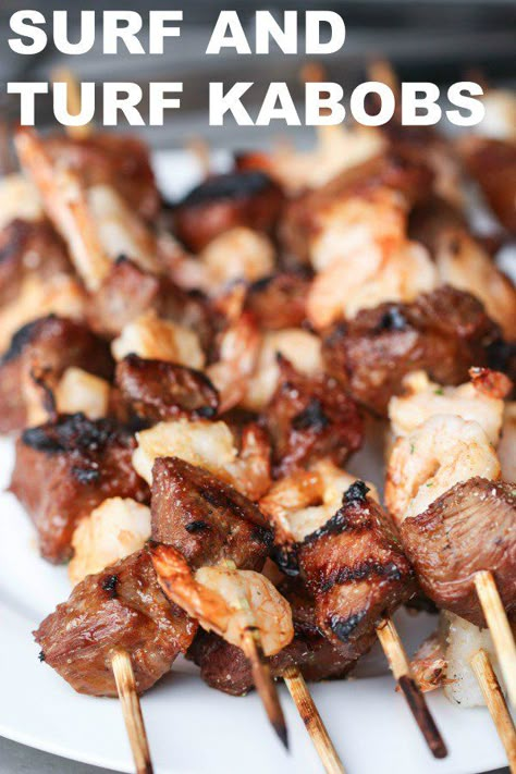 Surf and Turf Kabobs | Six Sisters' Stuff My husband and I are both huge steak and shrimp fans. I had the idea to combine the two on a skewer, and grill her up. The outcome was amazing. You are going to love these Surf and Turf Kabobs, I guarantee it. #kabobs #surfandturf Surf And Turf Kabobs, Winter Bbq, 45 Birthday, Grilled Lemon Chicken, Shrimp Kabobs, Steak Kabobs, Kabob Skewers, Shish Kabobs, Shish Kebab