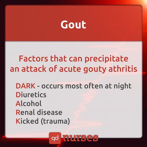 Know the factors that can precipitate an attack of acute gouty arthritis. --- Visit http://qdnurses.com/qdmemes for your daily dose of nursing education! --- #nclex #nursing #nclextips #nclex_tips #nurse #nursingschool #nursing_school #nursingstudent #nursing_student Nclex Tips, Nursing Labs, Nursing Flashcards, Nursing Study Tips, Nursing Information, Nclex Pn, Nursing Board, Nclex Review, Nclex Prep