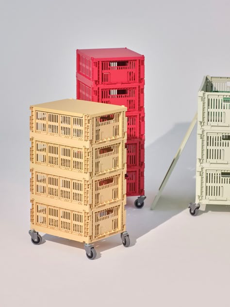 Designed for using with HAY Colour Crates, these Crate Wheels elevate the container, making it easy to move around as well as adding new functionality and storage possibilities. The Crates could, for example, in conjunction with a Colour Crate Lid create a beside table or under desk pedestal. Featuring a simple push-in design and two stopper wheels, the Colour Crate Wheels are simple to mount and effective to use.The wheels fit HAY colour crate size Large. Hay Crate, Colorful Storage, Úložný Box, Pop Up Store, Color Wheel, Ikea Hack, Golden Yellow, Concept Store, Recycled Plastic