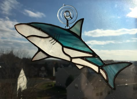 Shark 3 stained glass sun catcher. $35. AVAILABLE. Stained Glass Shark, Shark Stained Glass Art, Stained Glass Orca, Stained Glass Ocean Theme, Ocean Themed Stained Glass Window, Stained Glass Under The Sea, Glass Shark, Stained Glass Candle Holders, Stained Glass Candles