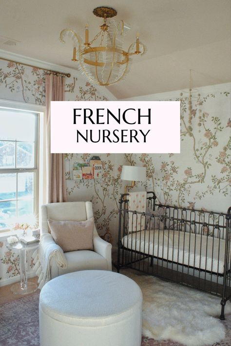 French Garden Nursery, Nursery Ideas With Wallpaper, Madeline Themed Nursery, French Themed Nursery, French Nursery Room Inspiration, French Inspired Nursery, French Provincial Nursery, Bunny Themed Nursery, 2023 Nursery