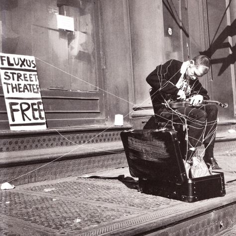 Takeshia Kosugi, Anima I & Ben Vautier, Attaché de Ben & George Maciunas, Solo for Violin.  Simultaneous performance, May 23rd 1964, by Ben Vautier and Alison Knowles (not pictured) during “Fluxus Street Theatre” as part of “Fluxus Festival at Fauxhall” New York City. Photography by George Maciunas. 51 x 40.5 cm Fluxus Art, Fluxus Movement, Nam June Paik, Elegant Artwork, John Cage, Avant Garde Art, Mail Art, Op Art, Art Movement